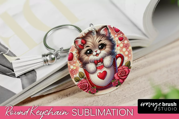 Valentines Keychain - Cute Cat Round Keychain Sublimation