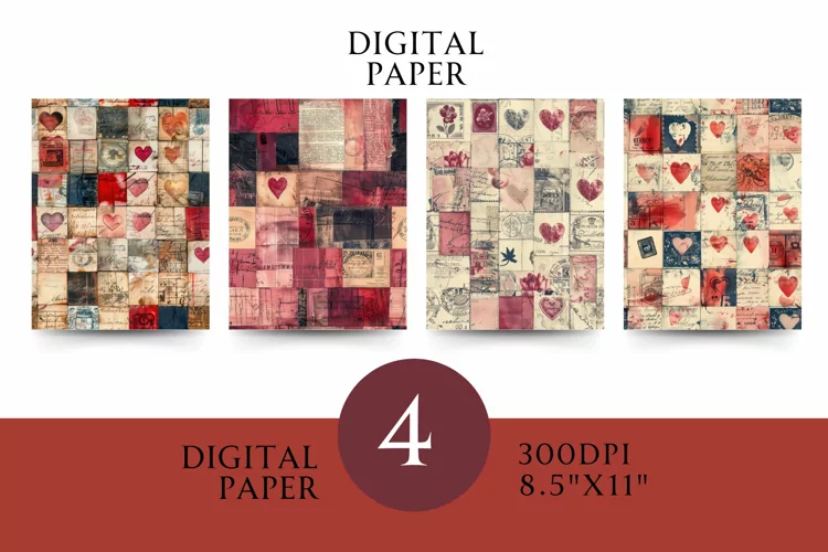 Valentines Patchwork Vintage Digital Paper