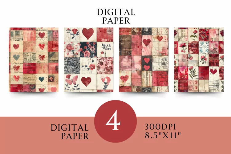 Valentines Patchwork Vintage Digital Paper