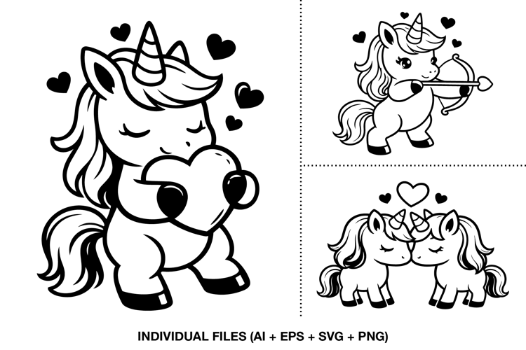 Valentine Unicorn PNG Clipart, Cute Kawaii Line Art SVG