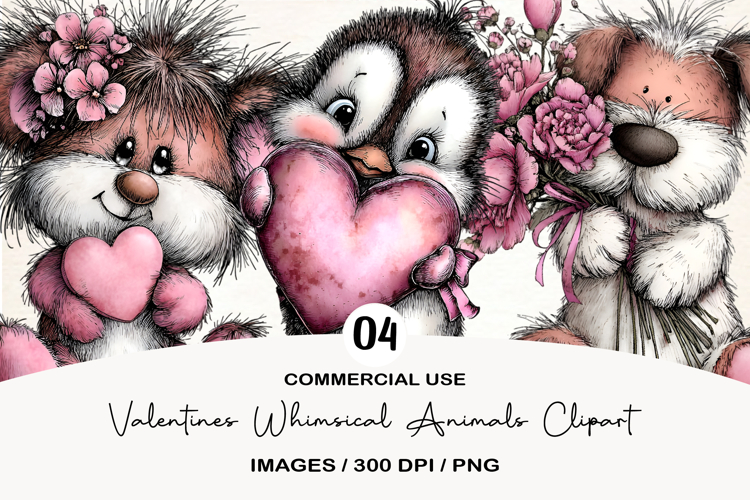 Valentines Whimsical Animals Clipart