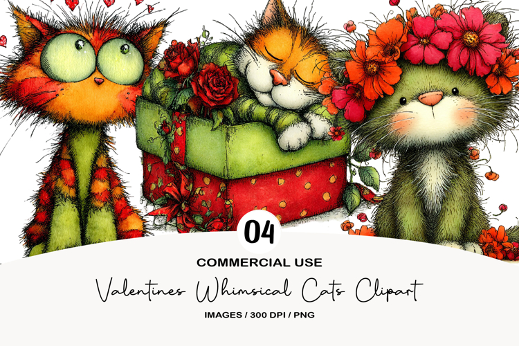 Valentines Whimsical Cats Clipart