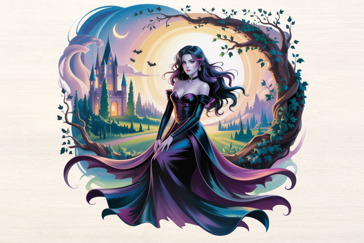 Vampire Lady with Castle and tree PNG Sublimation