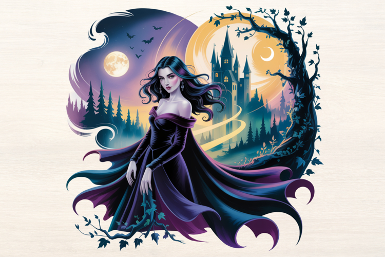 Vampire Lady with haunted Castle PNG