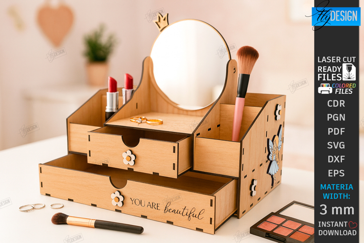 Mini Vanity Organizer with Mirror Laser Cut | Floral Design