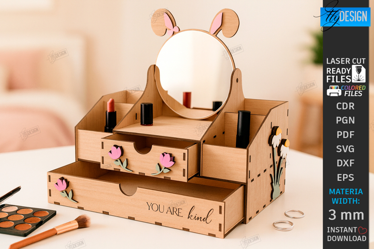 Mini Vanity Organizer with Mirror Laser Cut | Floral Design