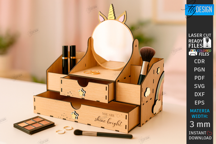 Mini Vanity Organizer with Mirror Laser Cut | Floral Design