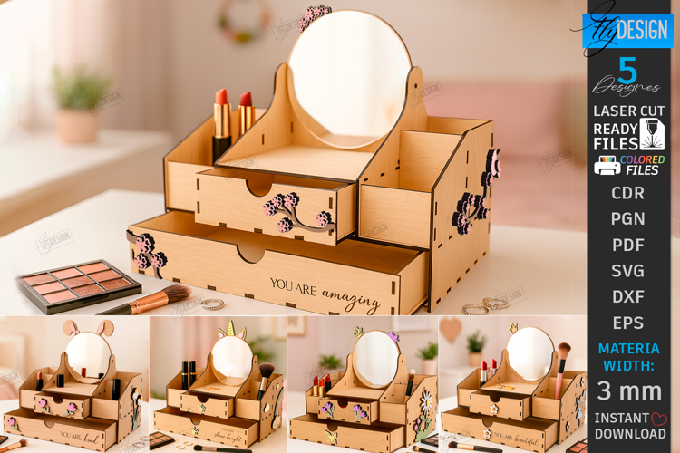Vanity Organizer with Mirror Laser Cut Bundle| Floral Design