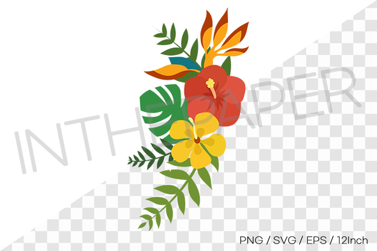 Various flower and leaves decorated in a tropical atmosphere