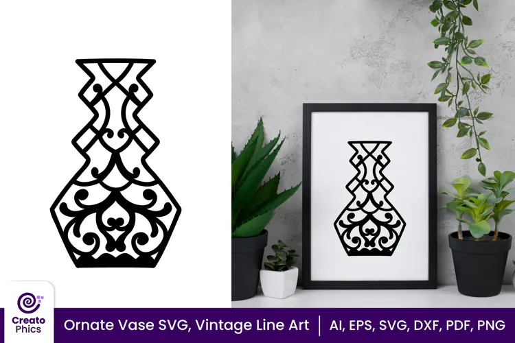 Ornate Vase SVG, Floral Vintage Line Art Vase Clipart