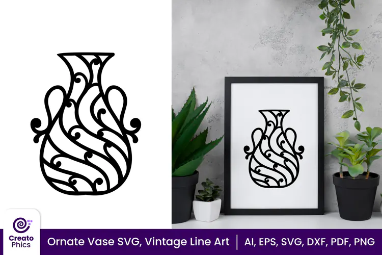 Ornate Vase SVG, Floral Vintage Line Art Vase Clipart