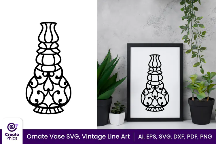 Ornate Vase SVG, Floral Vintage Line Art Vase Clipart