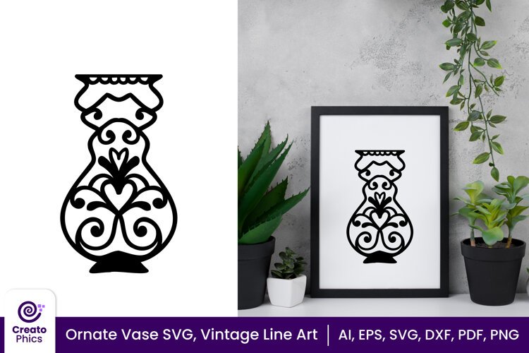 vase svg-vase clipart-vase cut file-line art-cricut-ornate-vintage-Vector-illustration
