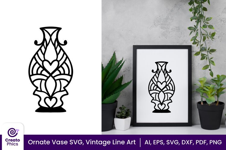 vase svg-vase clipart-vase cut file-line art-cricut-ornate-vintage-Vector-illustration