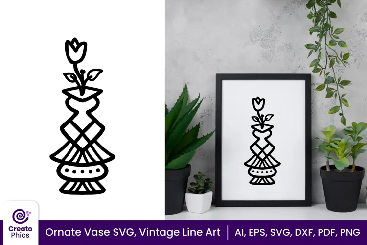 Ornate Vase SVG, Floral Vintage Line Art Vase Clipart