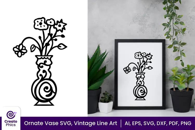 Ornate Vase SVG, Floral Vintage Line Art Vase Clipart