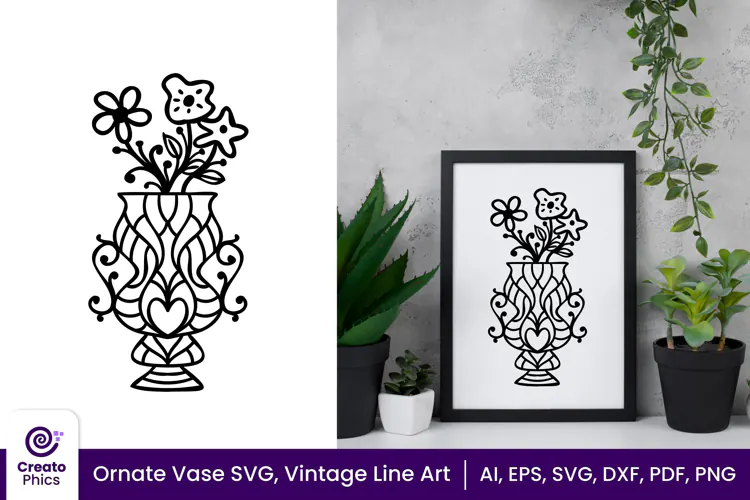 Ornate Vase SVG, Floral Vintage Line Art Vase Clipart