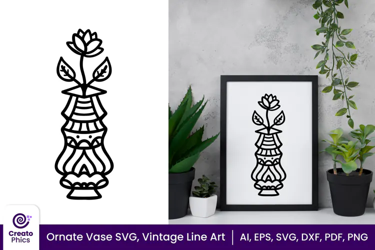 Ornate Vase SVG, Floral Vintage Line Art Vase Clipart