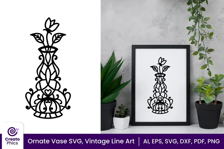 Ornate Vase SVG, Floral Vintage Line Art Vase Clipart