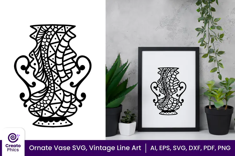 Ornate Vase SVG, Floral Vintage Line Art Vase Clipart