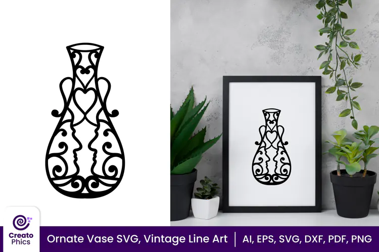 Ornate Vase SVG, Floral Vintage Line Art Vase Clipart