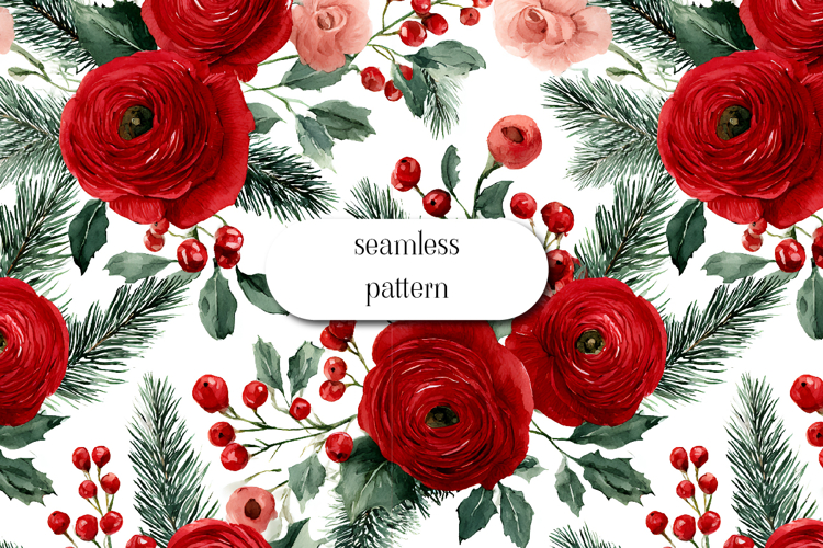 Seamless Christmas Floral Pattern Digital Paper