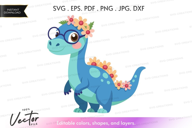Whimsical dinosaur with flower crown and glasses