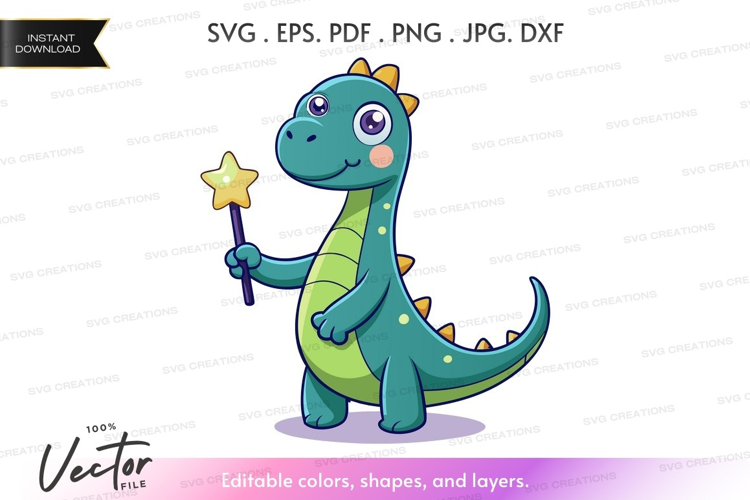 Magical dinosaur holding a wand