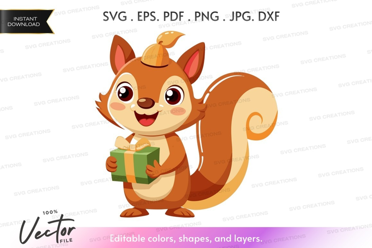 Cheerful squirrel holding a gift box