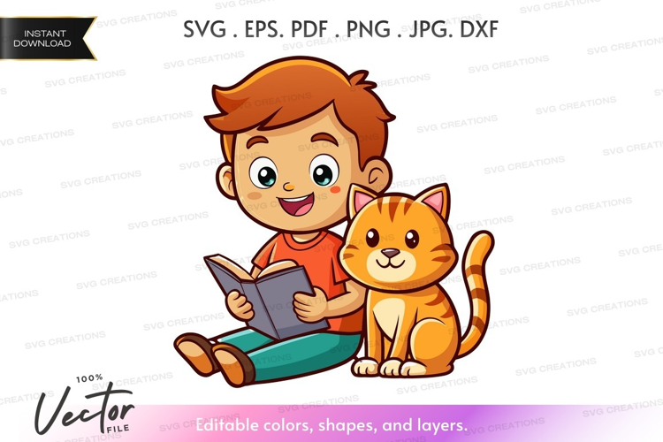 Reading boy and cat