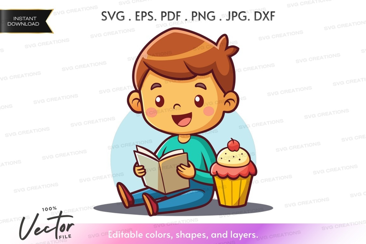 Happy child reading with cupcake