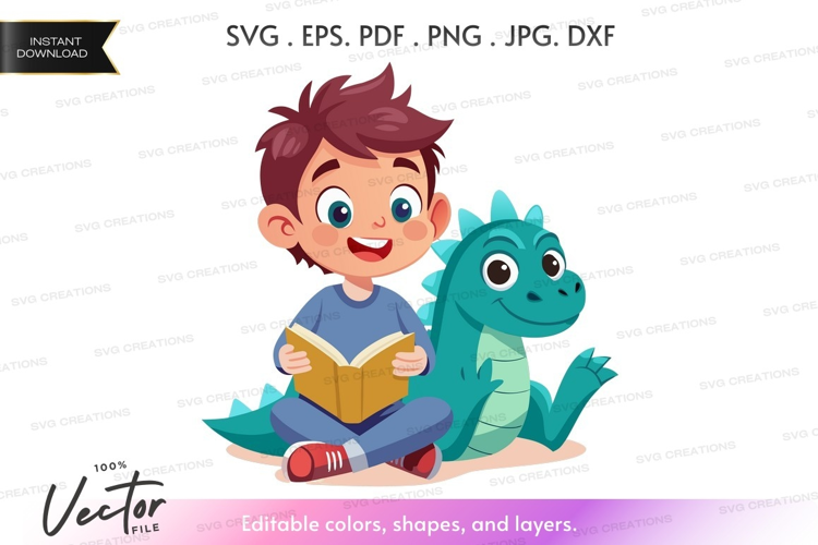 Boy reading with dragon