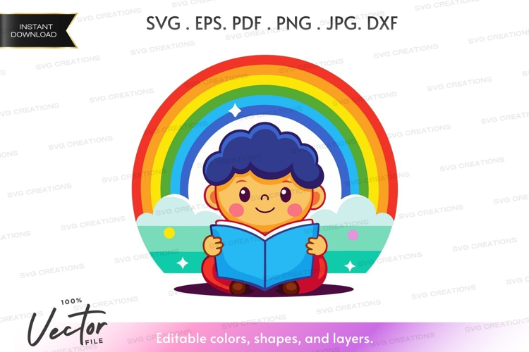 Reading child with rainbow