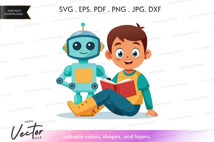 Boy reading with robot