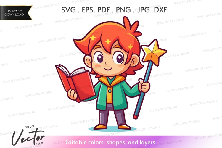 Young magician with book and wand