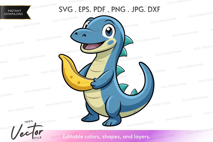 Cartoon dinosaur holding a banana