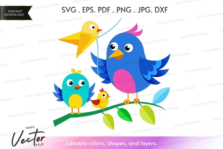 Family of colorful birds on a branch