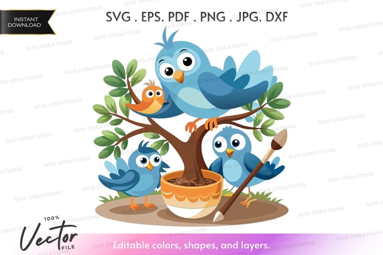 Family of blue birds gardening