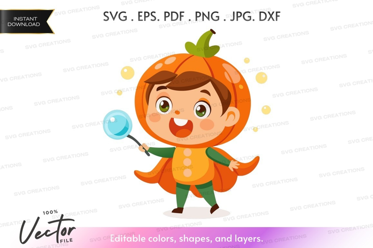Child in pumpkin costume blowing bubbles