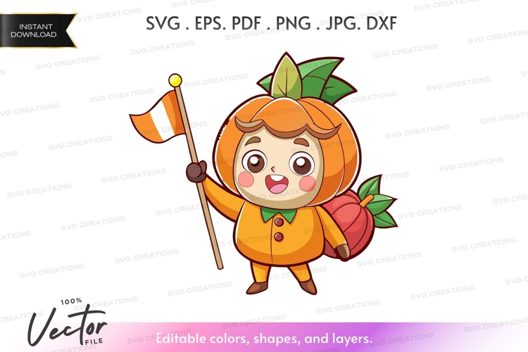 Pumpkin character with flag and pumpkin