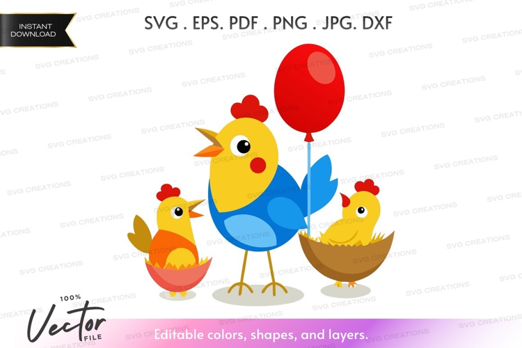 Family of chickens with balloon
