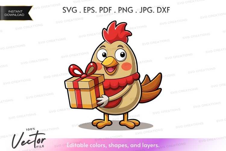 Cheerful chicken holding a gift box
