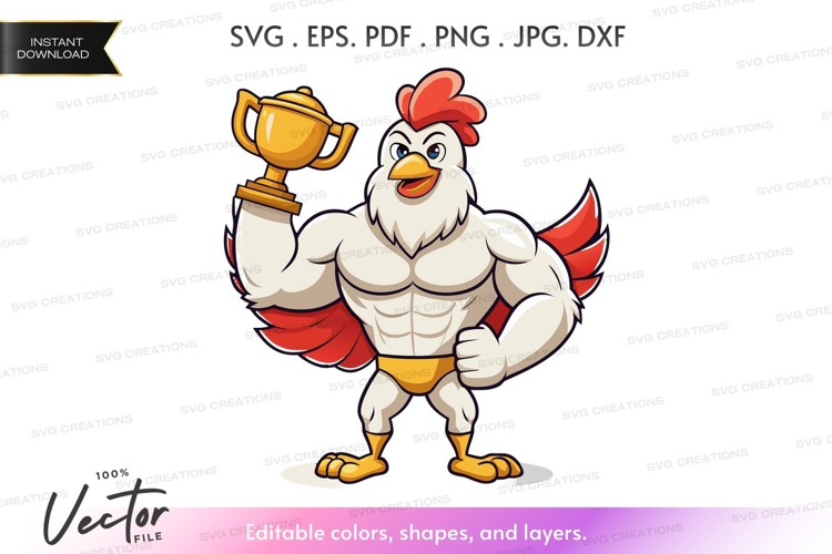 Muscular rooster holding trophy