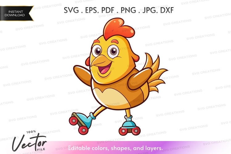 Happy chicken on roller skates