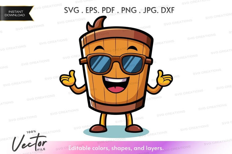 Happy barrel character with sunglasses