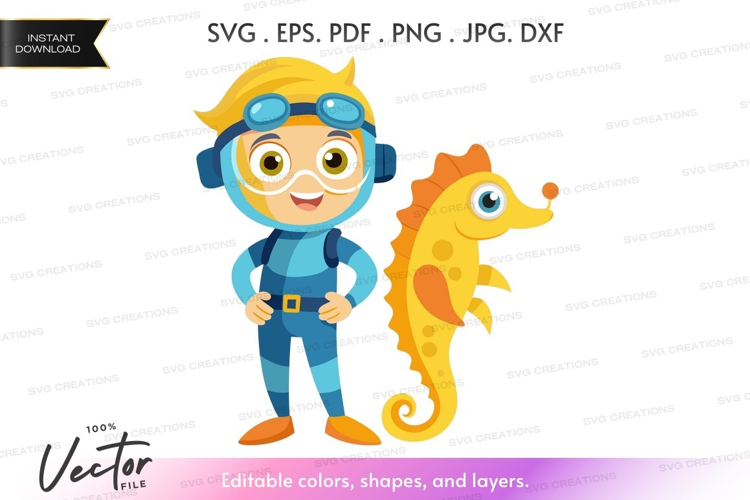 Underwater explorer and seahorse