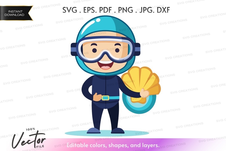 Happy scuba diver with shell