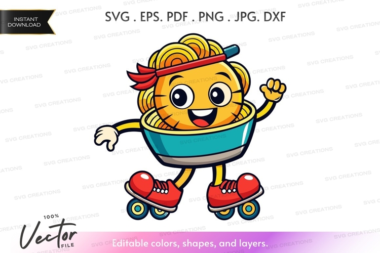 Cheerful pasta character on roller skates