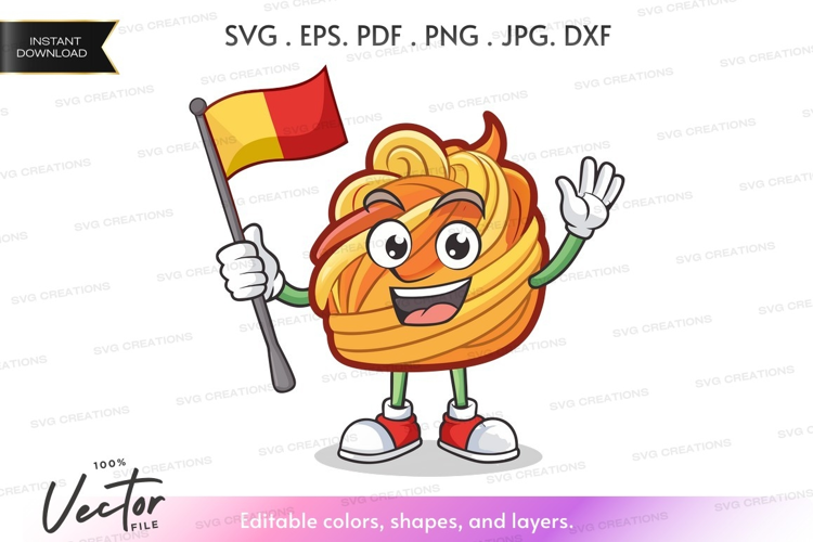 Cheerful spaghetti mascot waving romanian flag