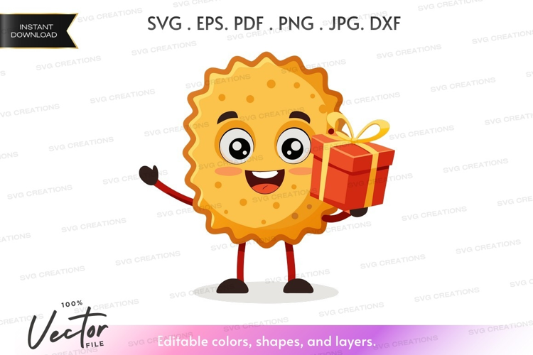 Cheerful cracker character holding a gift box